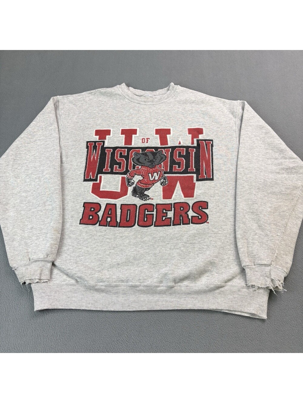 Vintage 90s University Of Wisconsin Badgers Crewneck Sweatshirt Size Medium Gray